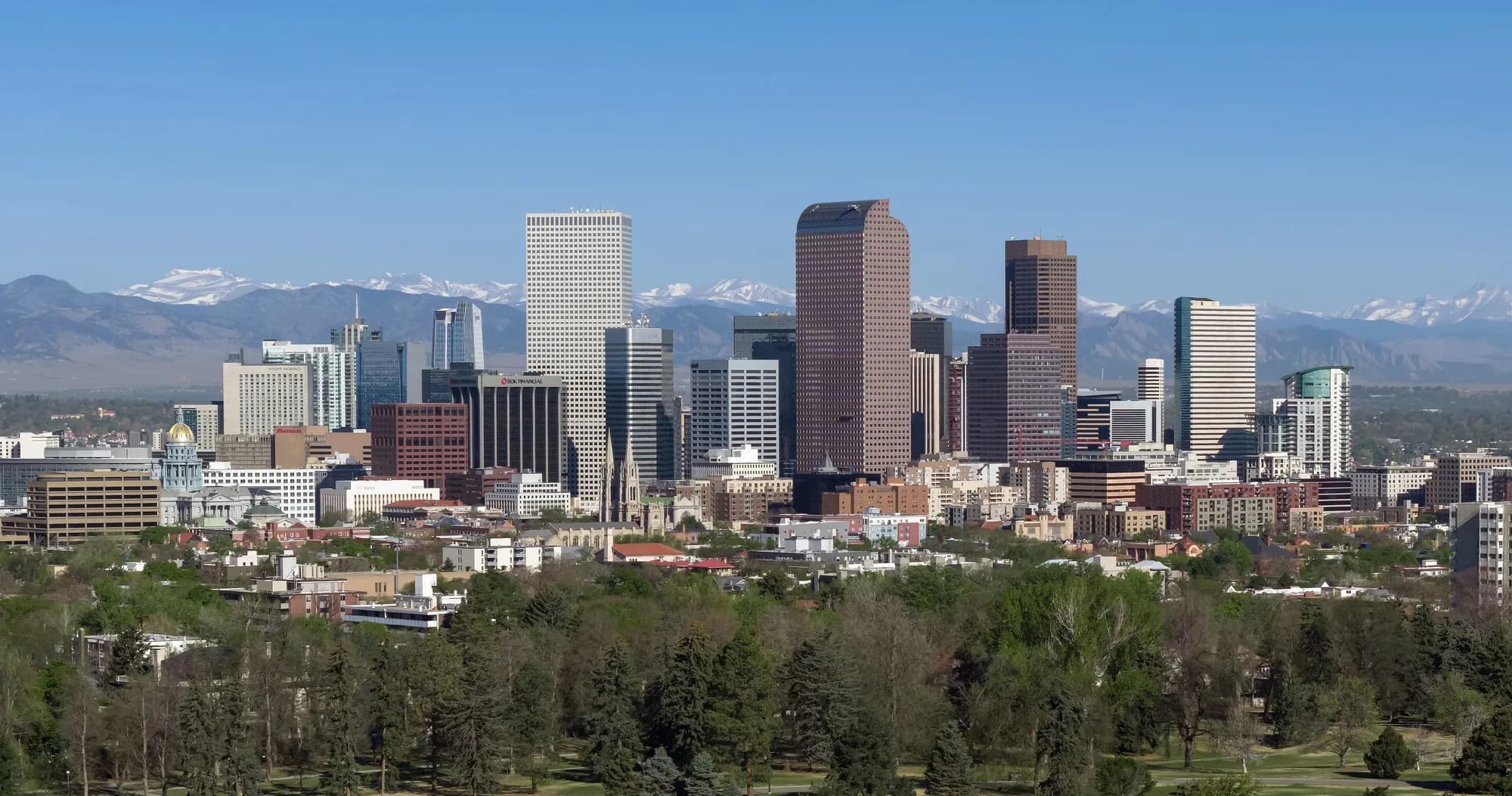 Denver skyline with the Rocky Mountains behind