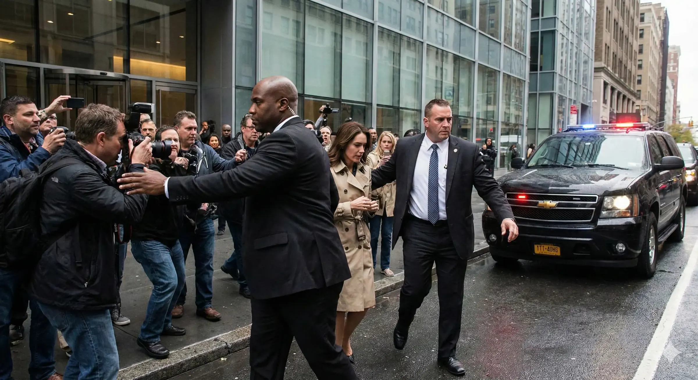 Executive protection agents escorting a client through a media crowd beside a vehicle with emergency lights