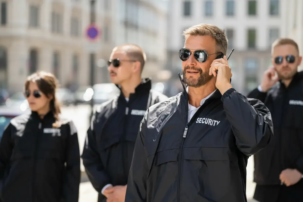 Security team coordinating via radios during an active protection detail