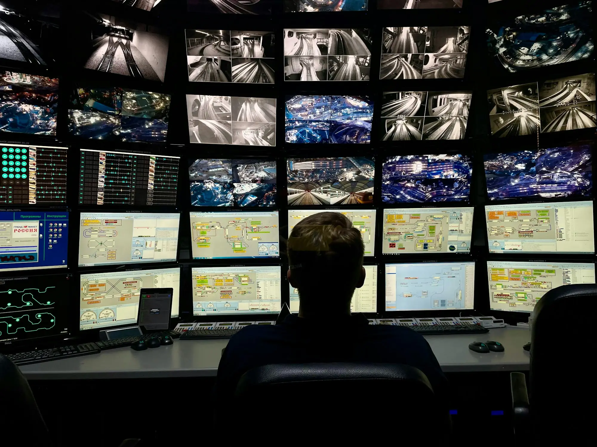 Operator monitoring a wall of security screens in a darkened operations room
